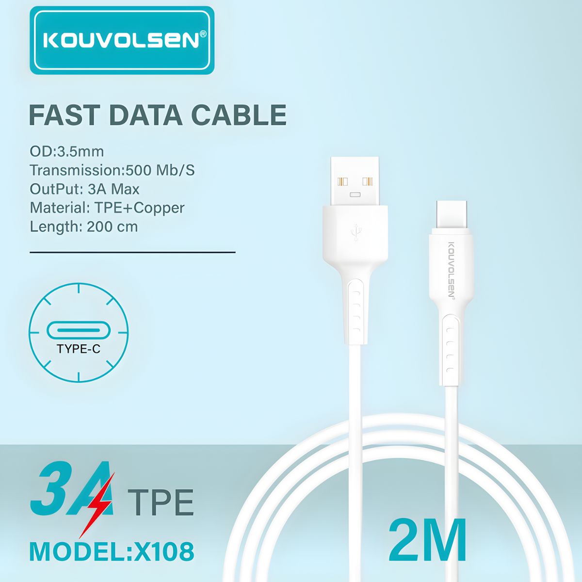 Cable USB A Tipo-C De Carga Rápida 3A Y Transferencia De Datos. Color Blanco. Longitud De 2 Metros.