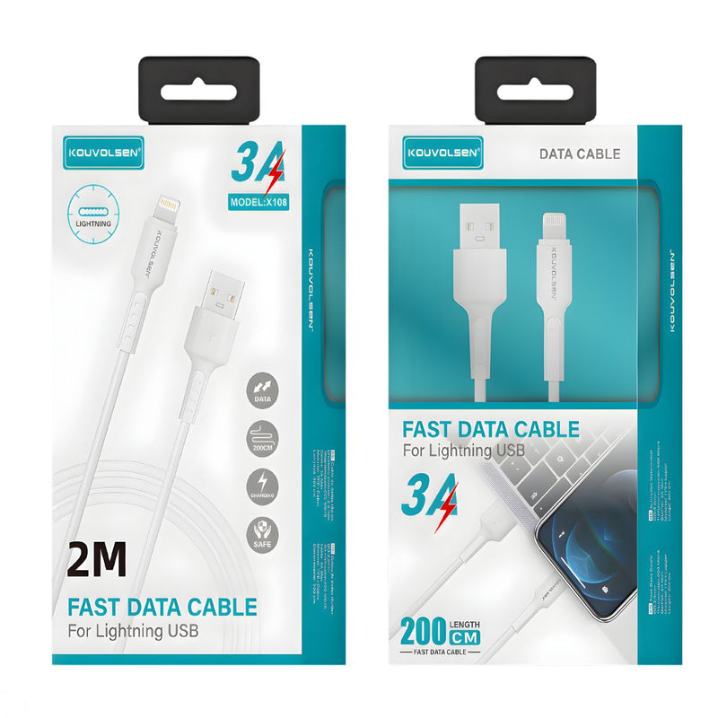 Cable USB A Lightning De Carga Rápida 3A Y Transferencia De Datos. Color Blanco. Longitud De 2 Metros.