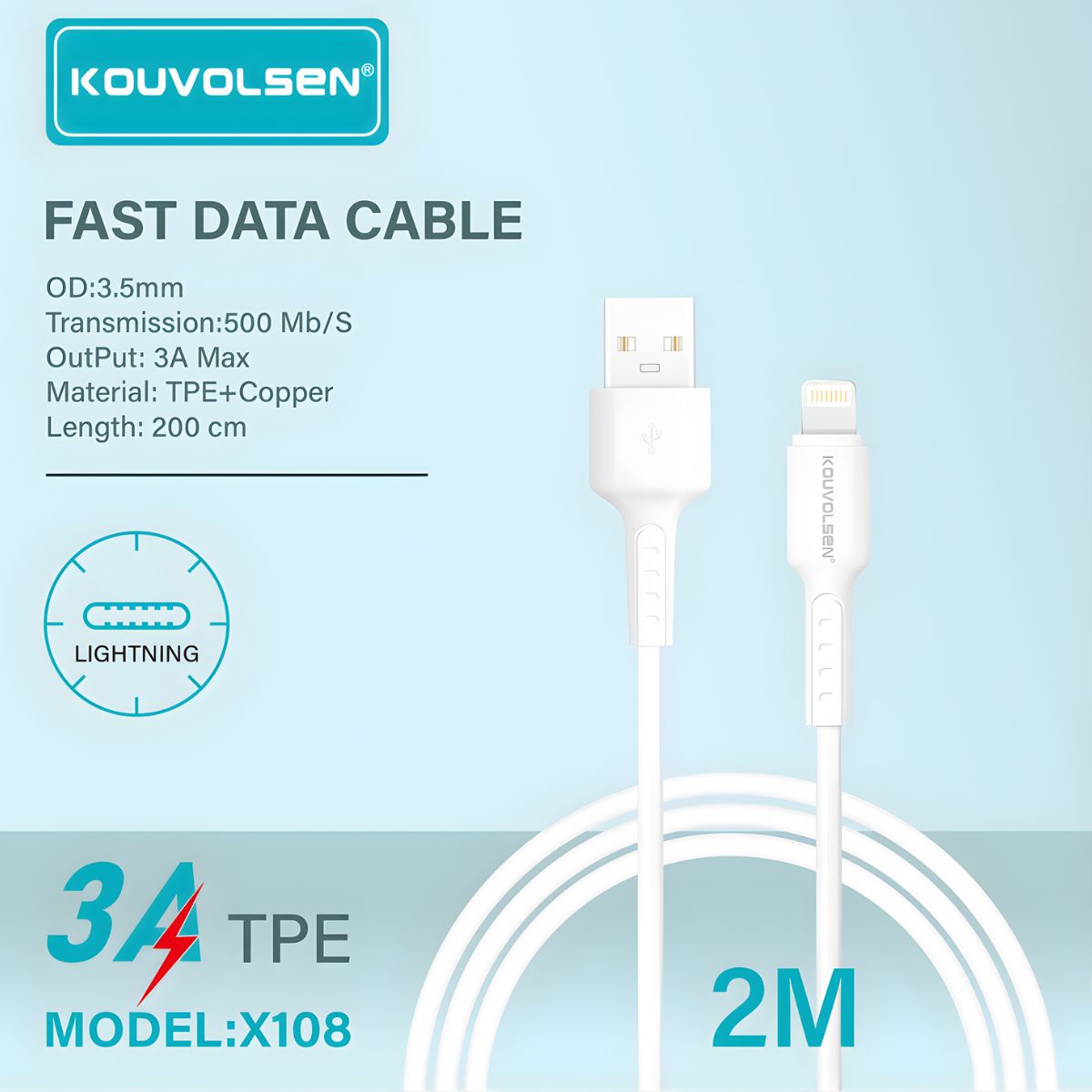 Cable USB A Lightning De Carga Rápida 3A Y Transferencia De Datos. Color Blanco. Longitud De 2 Metros.