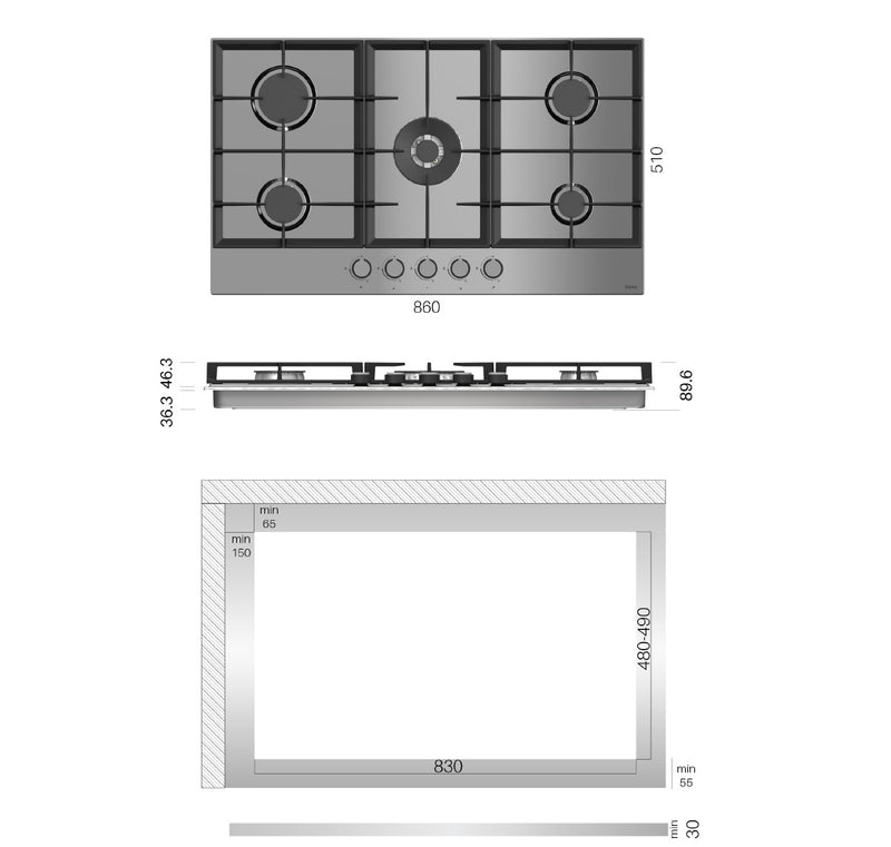 Estufa Empotrable 90 cm Elite  5 Quemadores SABAF + Wok 5kW, Acero Inoxidable, 110V