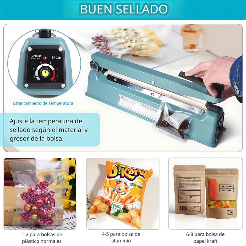 Selladora Lineal Eléctrica de 30cm con Regulador de Temperatura 110V. Máquina Selladora de Impulso para Bolsas Plásticas, Aluminio y Kraft.