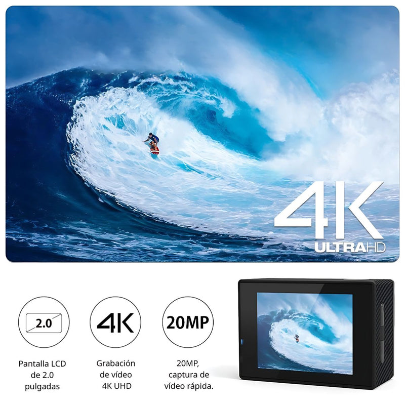 Cámara Deportiva 4K Ultra HD Sumergible 30m con WiFi. Minicámara Tipo GoPro con Accesorio Para Casco. Videocámara.