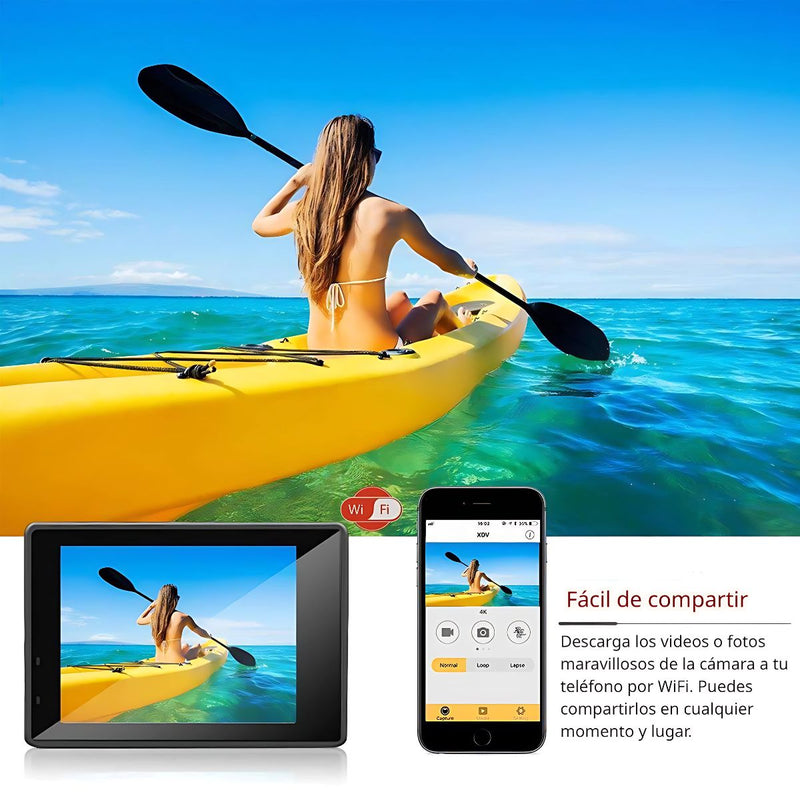 Cámara Deportiva 4K Ultra HD Sumergible 30m con WiFi. Minicámara Tipo GoPro con Accesorio Para Casco. Videocámara.
