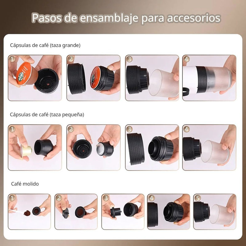 Cafetera portátil eléctrica 3 en 1 con cápsulas y café molido. Recargable por USB-C. Compatible con Nespresso y Dolce gusto.