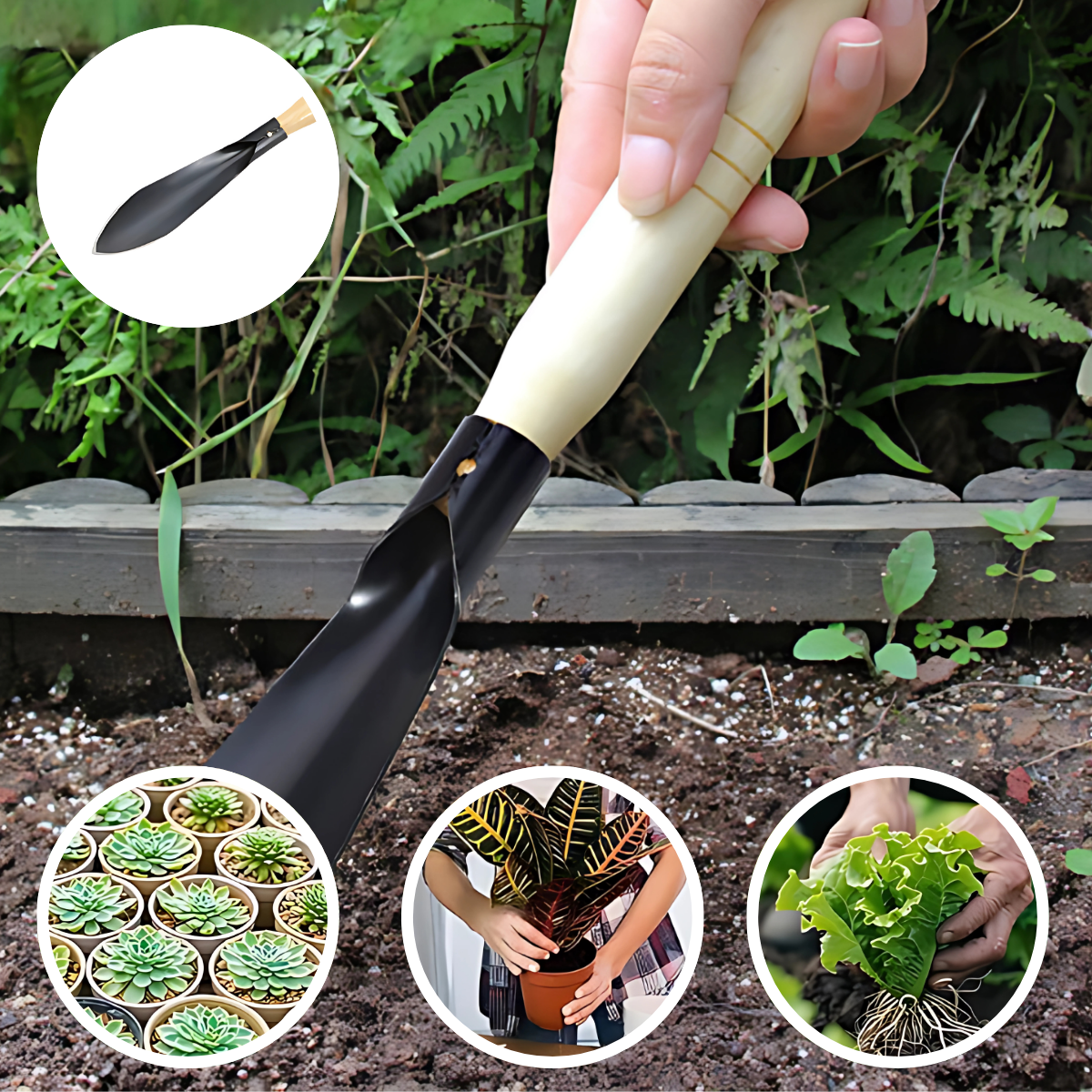 Pala de Jardinería Multiusos con Mango Ergonómico de Madera. Ideal para Sembrar Plantas, Suculentas y Huertos. Resistente y Punta Afilada.