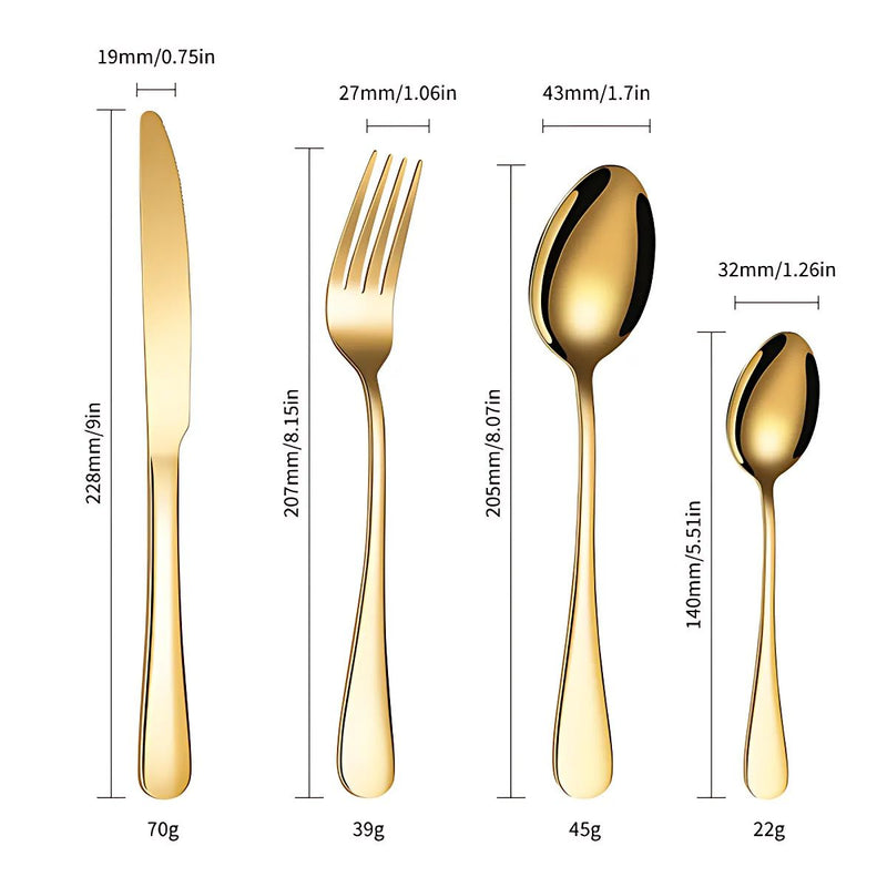 Cubiertos de Acero Inoxidable. Set de 24 piezas. Con Estuche Elegante para Mesa Formal y Uso Diario. Color dorado.