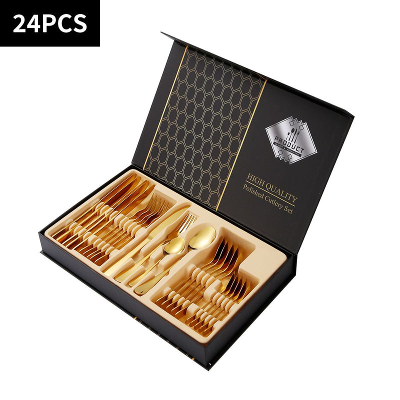 Cubiertos de Acero Inoxidable. Set de 24 piezas. Con Estuche Elegante para Mesa Formal y Uso Diario. Color dorado.