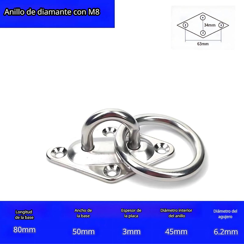 Base de Anclaje de Acero Inoxidable M8 con Anillo. Montaje en Forma Diamante para Hamacas, Columpios y Sacos de Boxeo. (Unidad)
