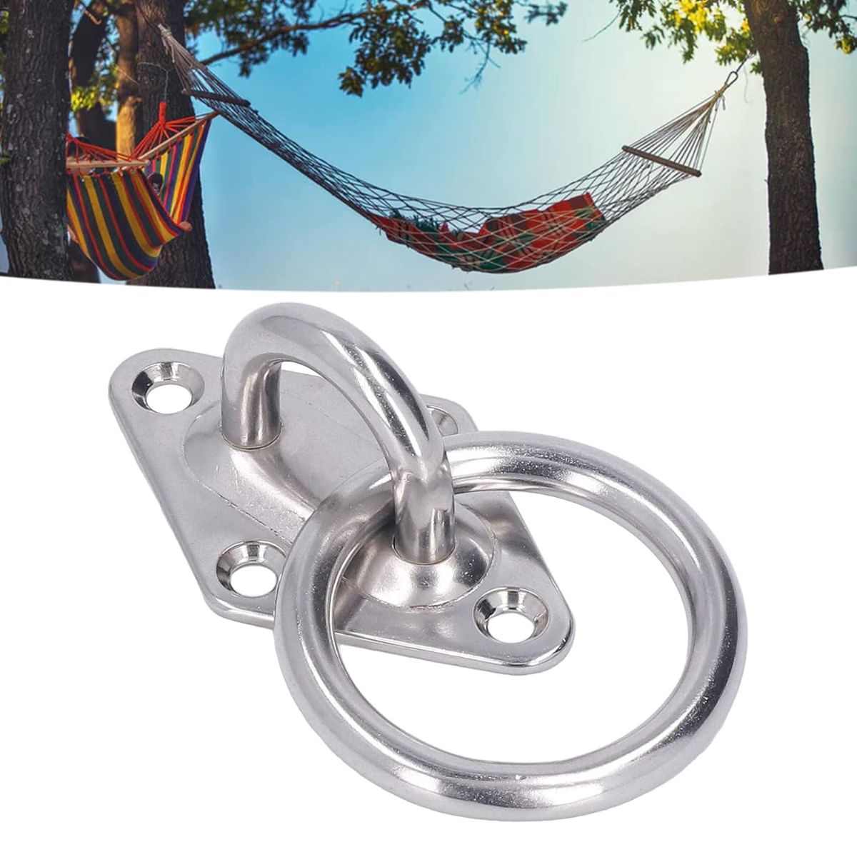 Base de Anclaje de Acero Inoxidable M8 con Anillo. Montaje en Forma Diamante para Hamacas, Columpios y Sacos de Boxeo. (Unidad)