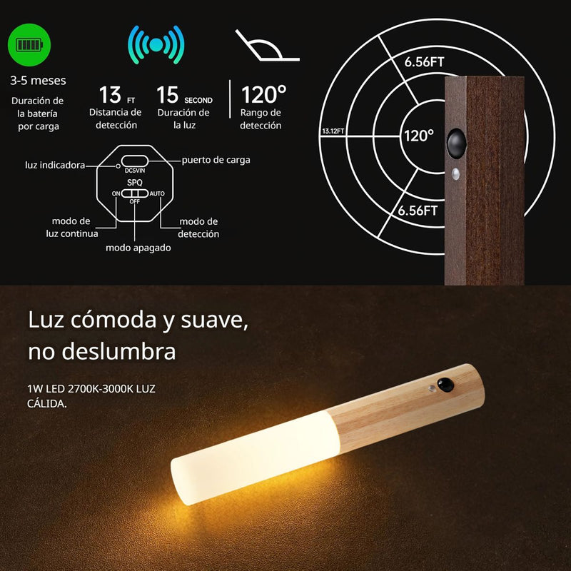 Lámpara Nocturna Inteligente Recargable con Sensor de Movimiento. Luz LED Cálida 5V Inalámbrica. Alcance de 3 a 5 M.
