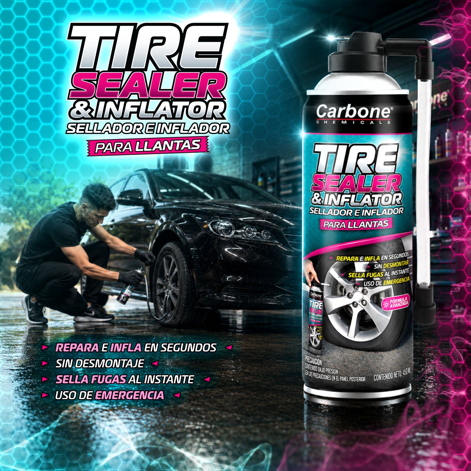 Sellador e Inflador de Neumáticos de Emergencia sin Desmontaje. Reparación Rápida de Pinchazos para Autos Motos y Vehículos Tubeless