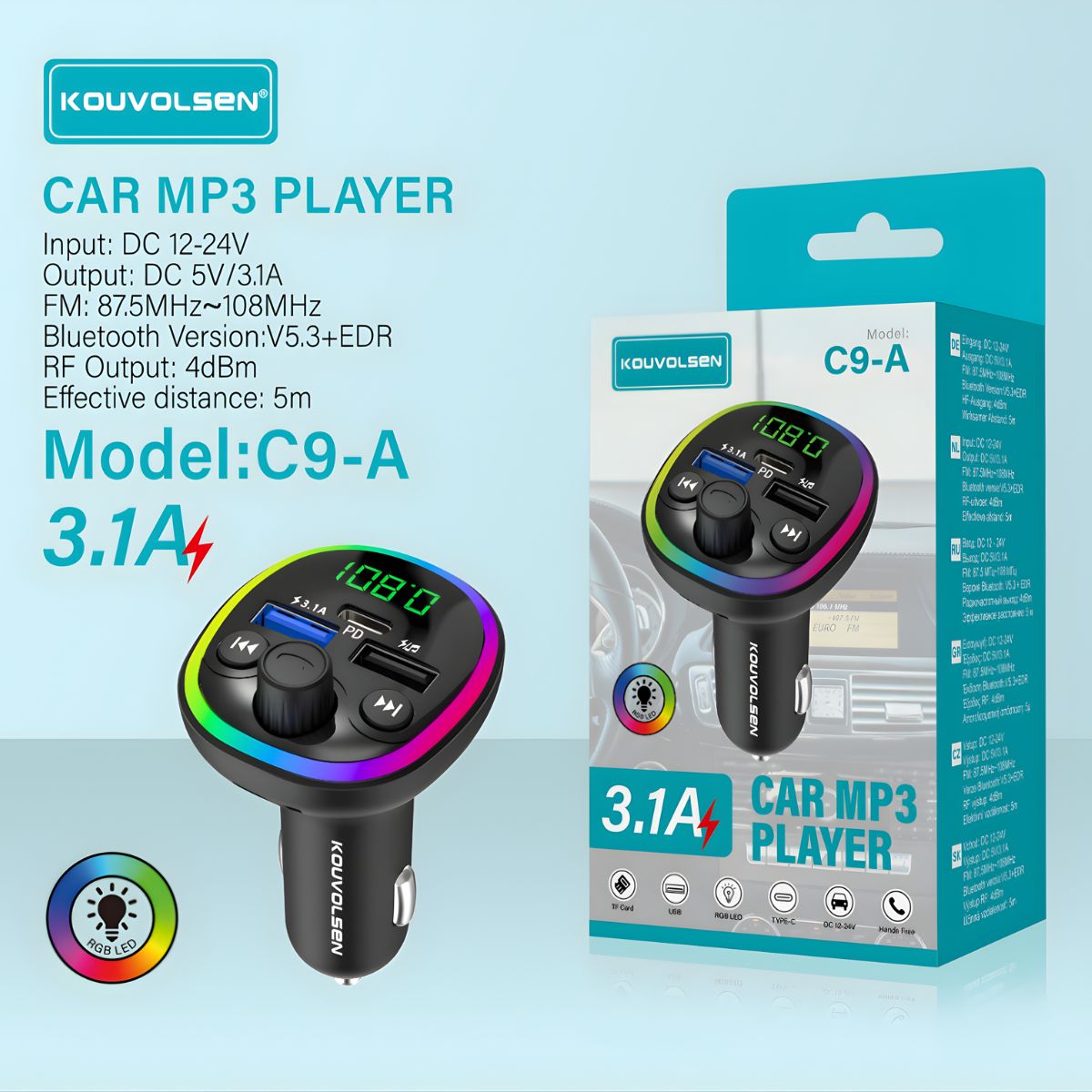 Cargador para Auto 3.1A con Bluetooth 5.3, Transmisor FM y Reproductor MP3 con Luces RGB. Adaptador de carro con carga rápida para Múltiples Dispositivos.