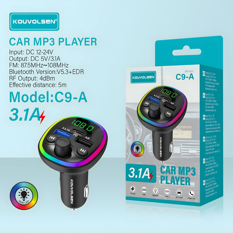 Cargador para Auto 3.1A con Bluetooth 5.3, Transmisor FM y Reproductor MP3 con Luces RGB. Adaptador de carro con carga rápida para Múltiples Dispositivos.