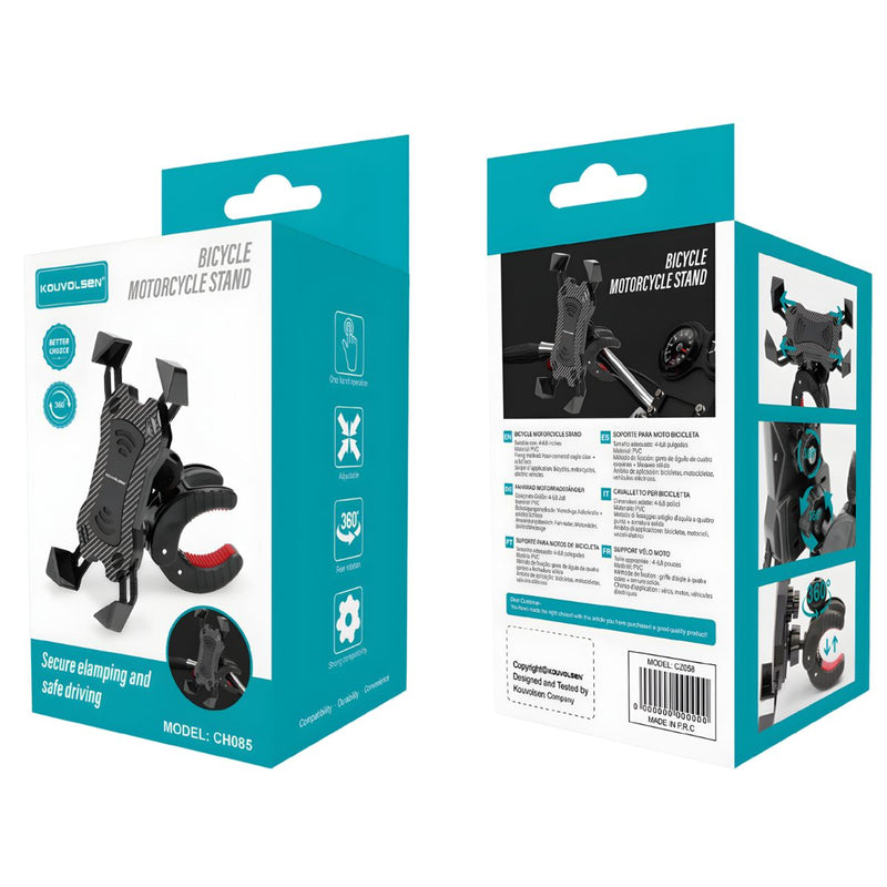 Soporte de Celular Para Bicicleta y Moto. Porta Celular Ajustable para Manubrio con Rotación 360° y Sujeción Tipo Garra Antideslizante.
