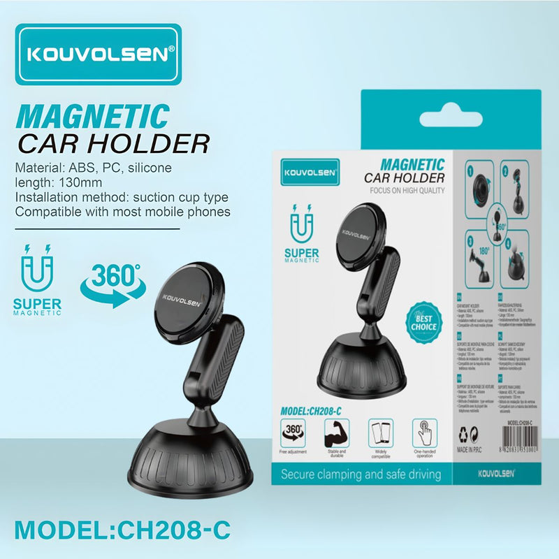 Soporte Magnético para Celular en Auto con Ventosa de Succión. Porta Teléfono con Rotación 360° y Montaje en Tablero o Parabrisas.