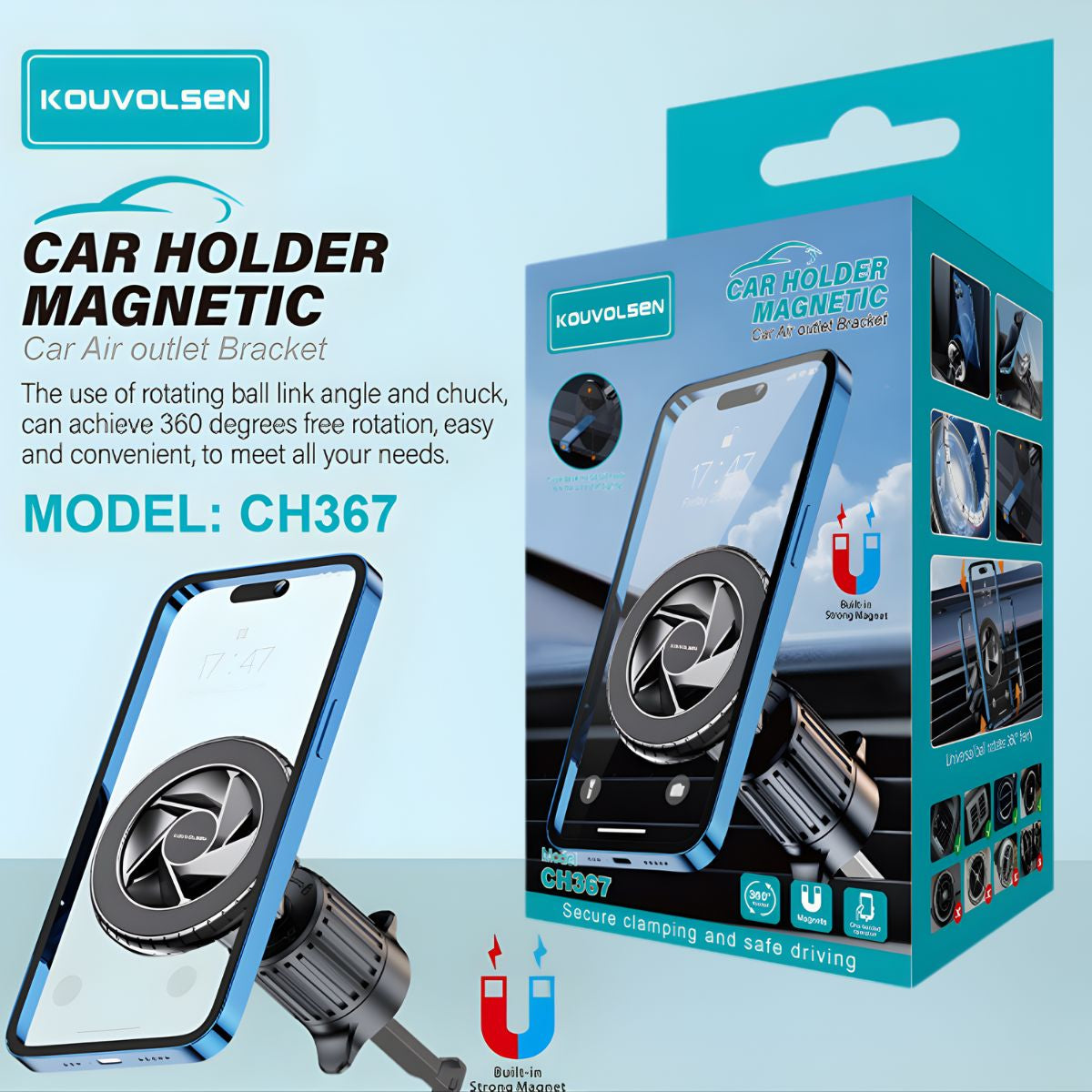 Soporte Magnético de Celular para Auto. Porta teléfono con Montaje En Rejilla De Aire, Rotación 360° Y Sujeción Magnética.