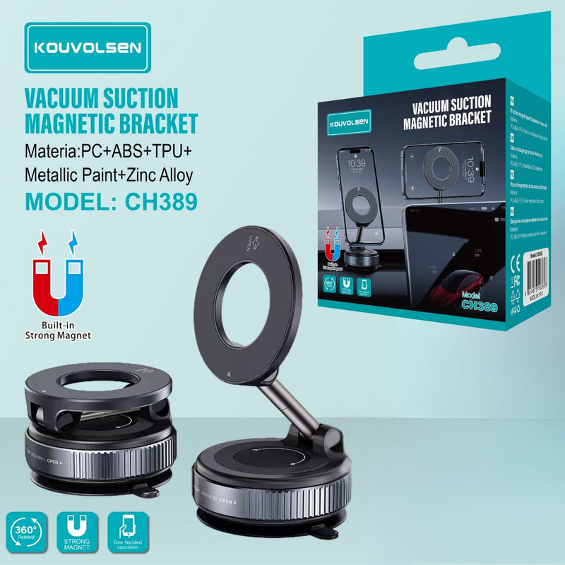 Soporte Magnético de Celular para Auto. Porta Teléfono con Succión al Vacío, Montaje en Tablero o Parabrisas y Rotación 360°.