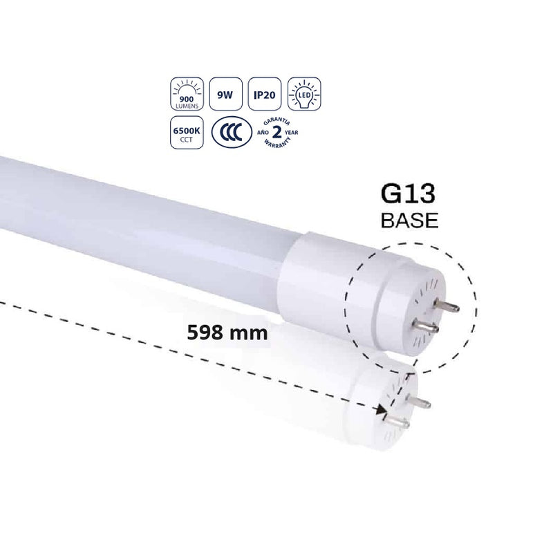 Tubo LED T18 9W 6500K Luz Fría, 900lm, Base G13 Ahorro Energético y Luminosidad Homogénea, 598x26 mm