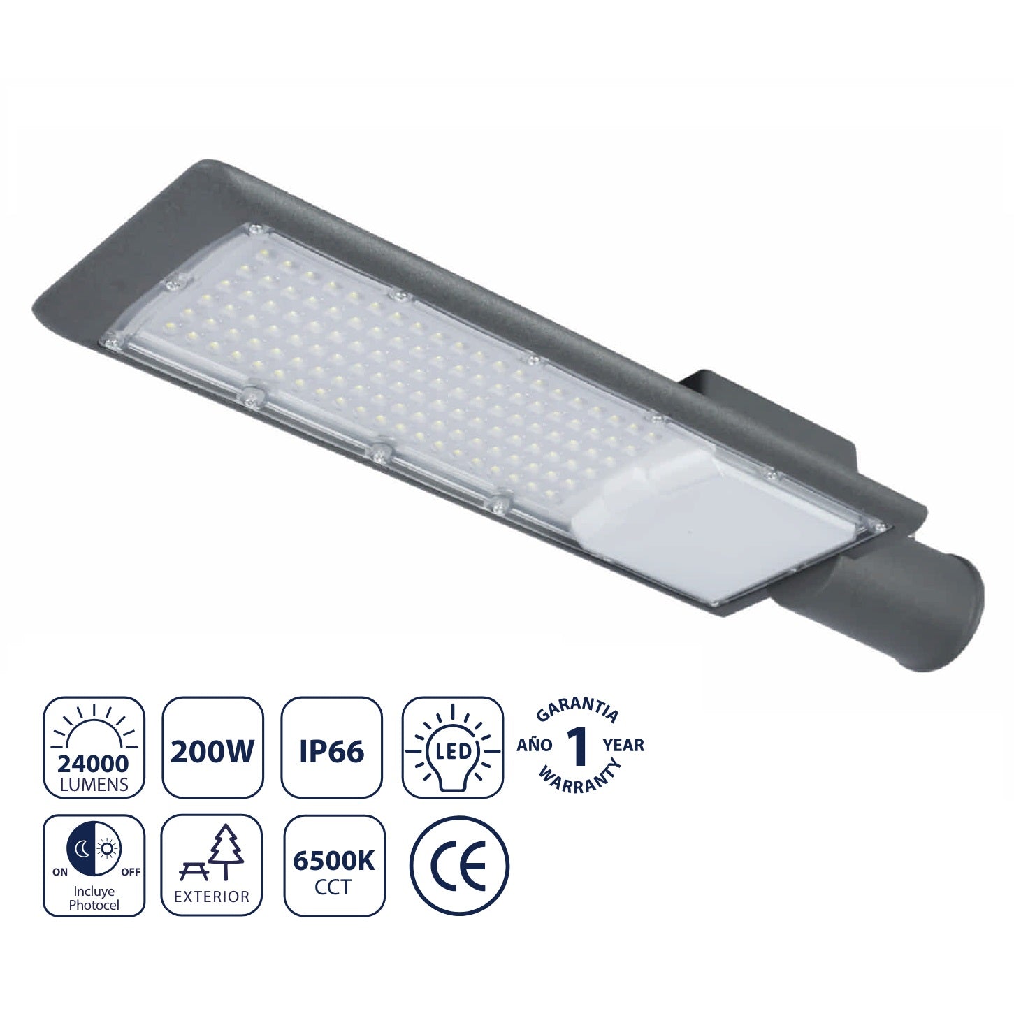 Lámpara LED de Calle 200W 24000lm 6500K Fría, Aluminio, Resistente Clima, Ahorro Energético. Luminaria