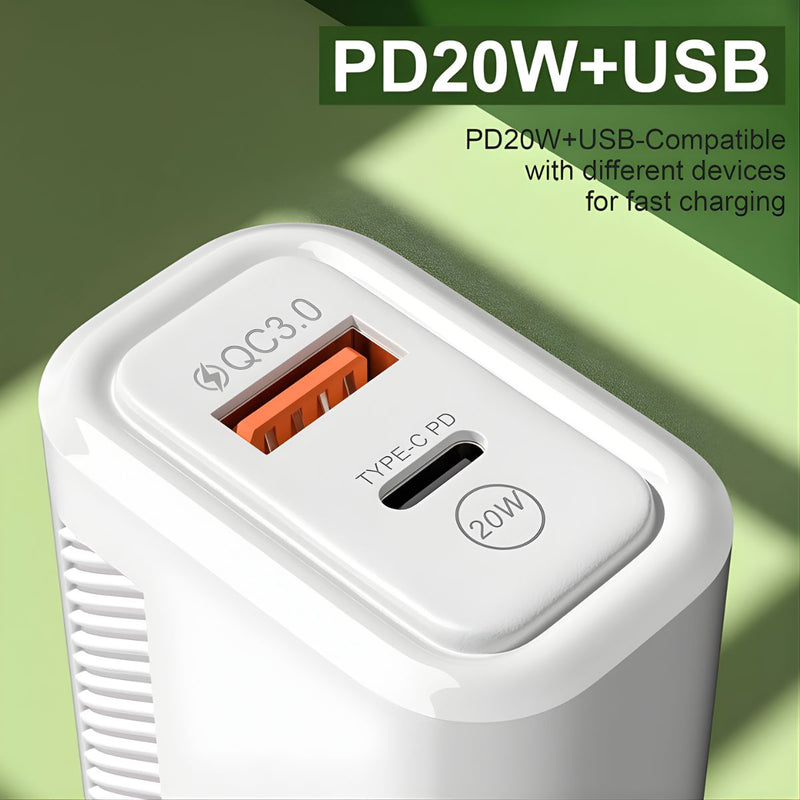 Cargador de Pared 20W con Carga Rápida PD 3.0 y QC 3.0. Cubo Adaptador de corriente con puerto USB-C y USB.