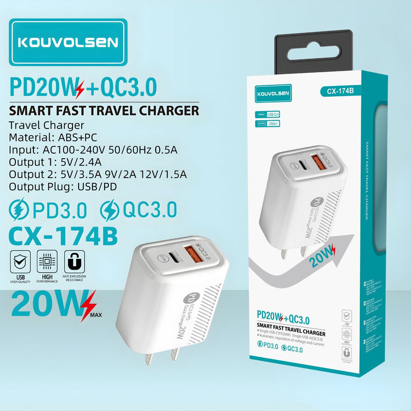 Cargador de Pared 20W con Carga Rápida PD 3.0 y QC 3.0. Cubo Adaptador de corriente con puerto USB-C y USB.