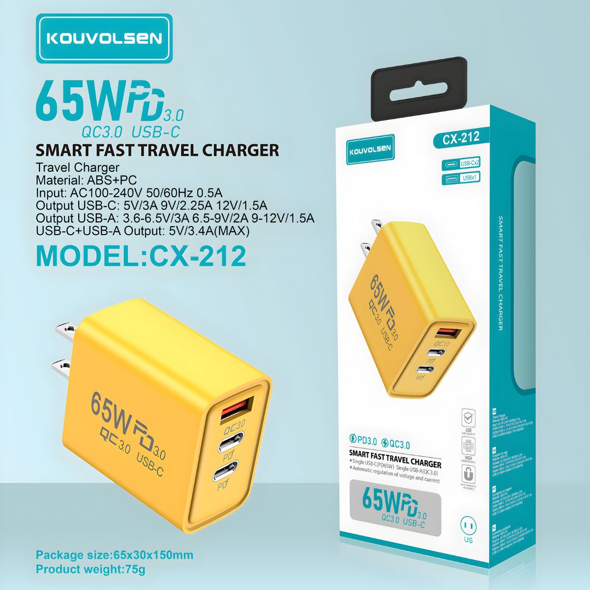 Cargador de Pared 65W con Carga Rápida PD 3.0 y QC 3.0. Cubo Adaptador USB-C y USB de Alta Potencia.