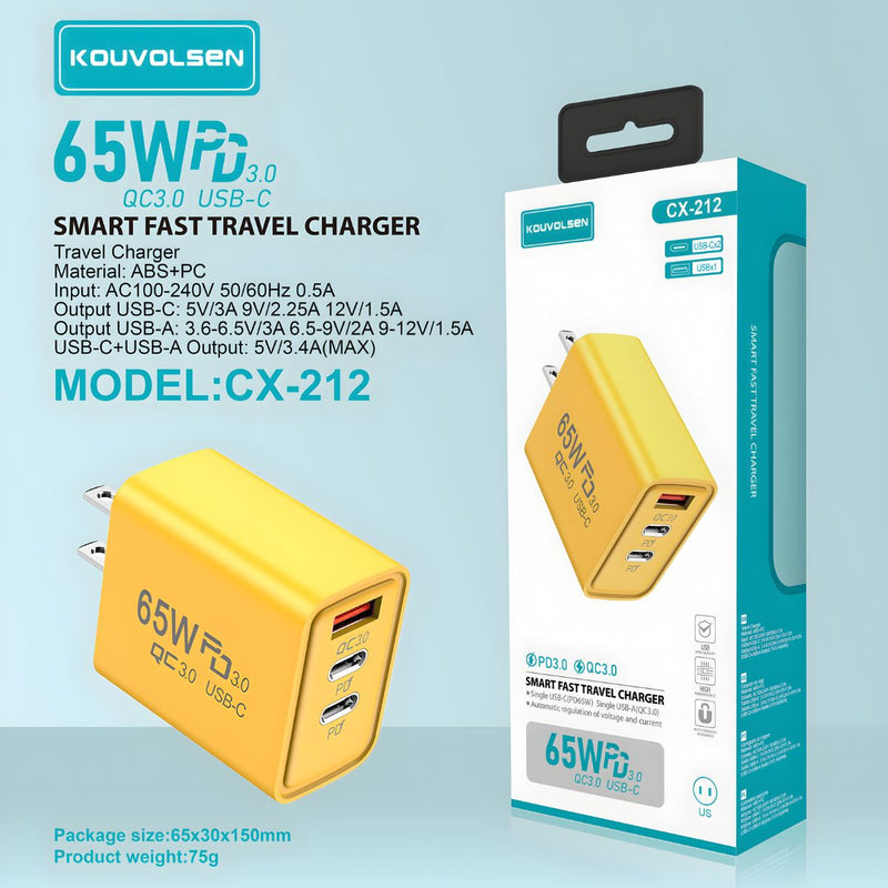 Cargador de Pared 65W con Carga Rápida PD 3.0 y QC 3.0. Cubo Adaptador USB-C y USB de Alta Potencia.