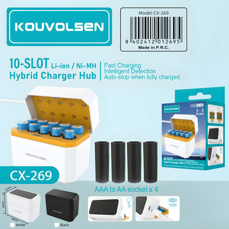 Cargador de baterías AA y AAA de 10 Ranuras. Cargador Universal para pilas Li-ion y Ni-MH. Detección Automática y Carga Rápida (No incluye baterías).