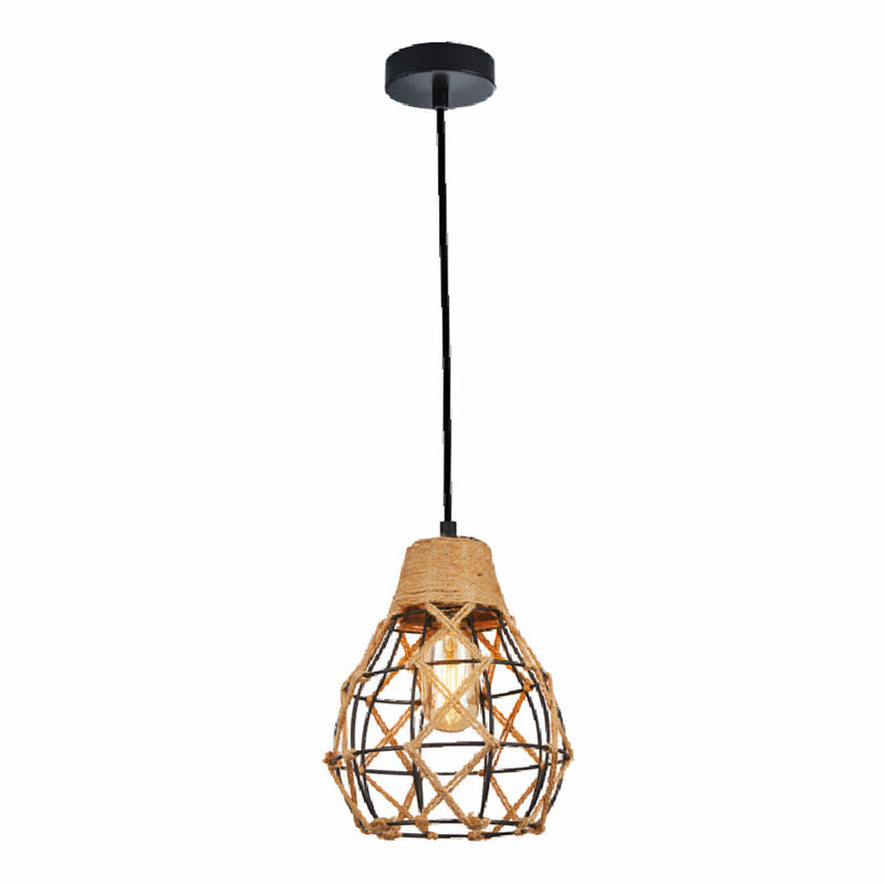 Lámpara Colgante Negra de Hierro con Pantalla de Rattan 1XE27 185x1000mm 110-240V Estilo Rústico Americano Minimalista Diseño Moderno e Industrial. Lámpara Colgante Rústica de Rattan