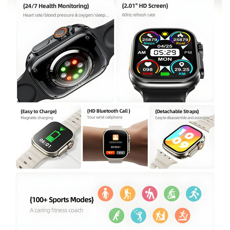 Smartwatch Deportivo 49mm con Llamadas Bluetooth. Reloj Inteligente con Pantalla 2.01”, NFC y Monitoreo de Salud. Resistente IP65.