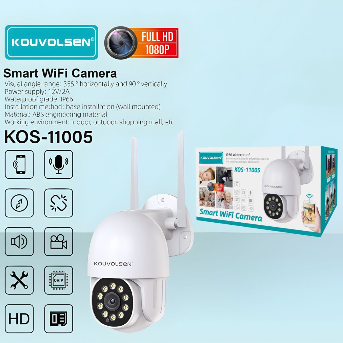 Cámara de Seguridad WiFi Exterior Full HD 1080P IP66 con Visión Nocturna, Audio Bidireccional y Detección de Movimiento. Funciona con APP V380