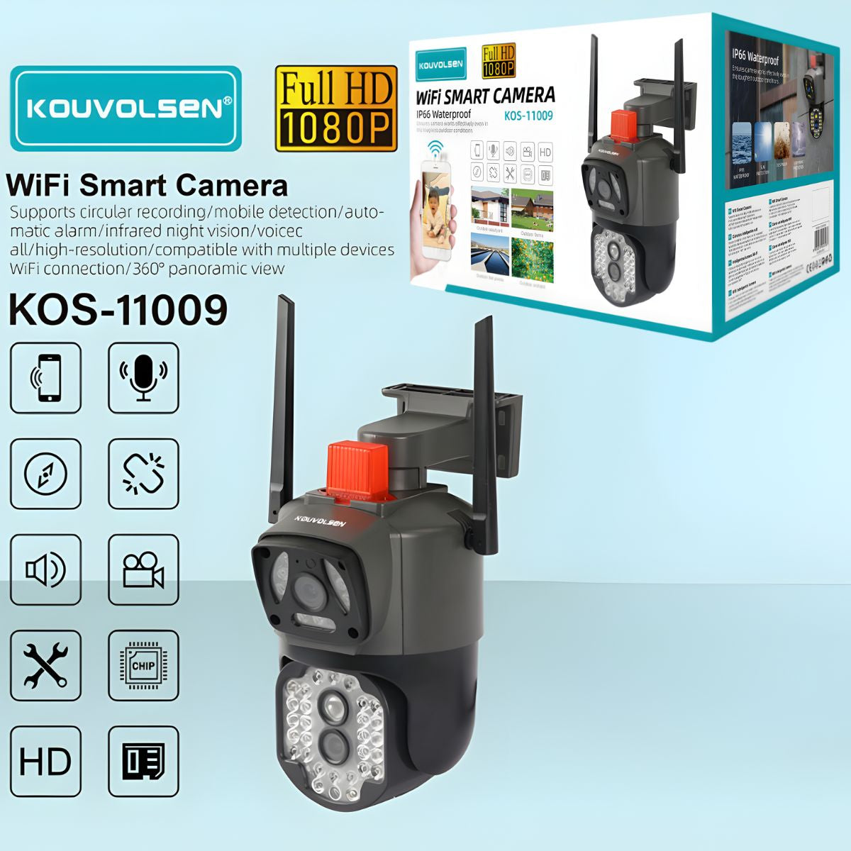 Cámara de Seguridad WiFi Exterior Full HD 1080P con Visión Nocturna, Detección de Movimiento, Audio Bidireccional y Sirena Integrada. Funciona con APP V380