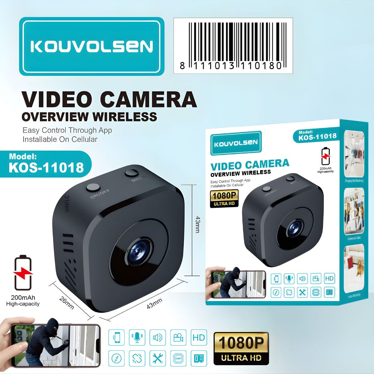 Cámara Espía WiFi Mini 1080P Full HD Inalámbrica con Batería Recargable y Detección de Movimiento. Compatible con Android y IOS. Color negro. APP Linklemo