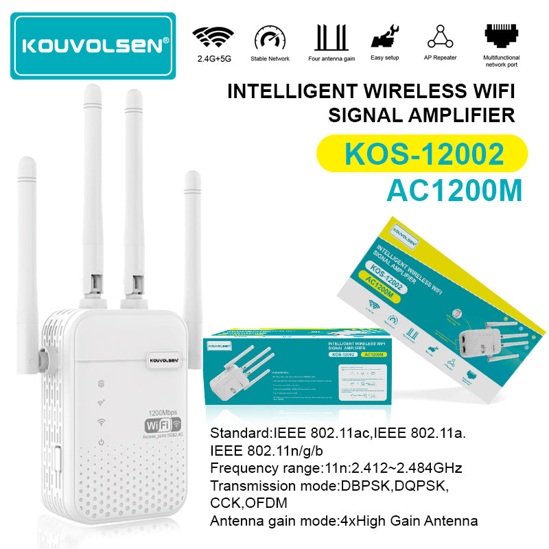 Amplificador de Señal WiFi AC1200 Doble Banda 2.4GHz y 5GHz. Repetidor Inalámbrico con 4 Antenas de Alta Ganancia. Extensor de Cobertura.