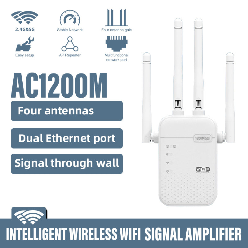 Amplificador de Señal WiFi AC1200 Doble Banda 2.4GHz y 5GHz. Repetidor Inalámbrico con 4 Antenas de Alta Ganancia. Extensor de Cobertura.