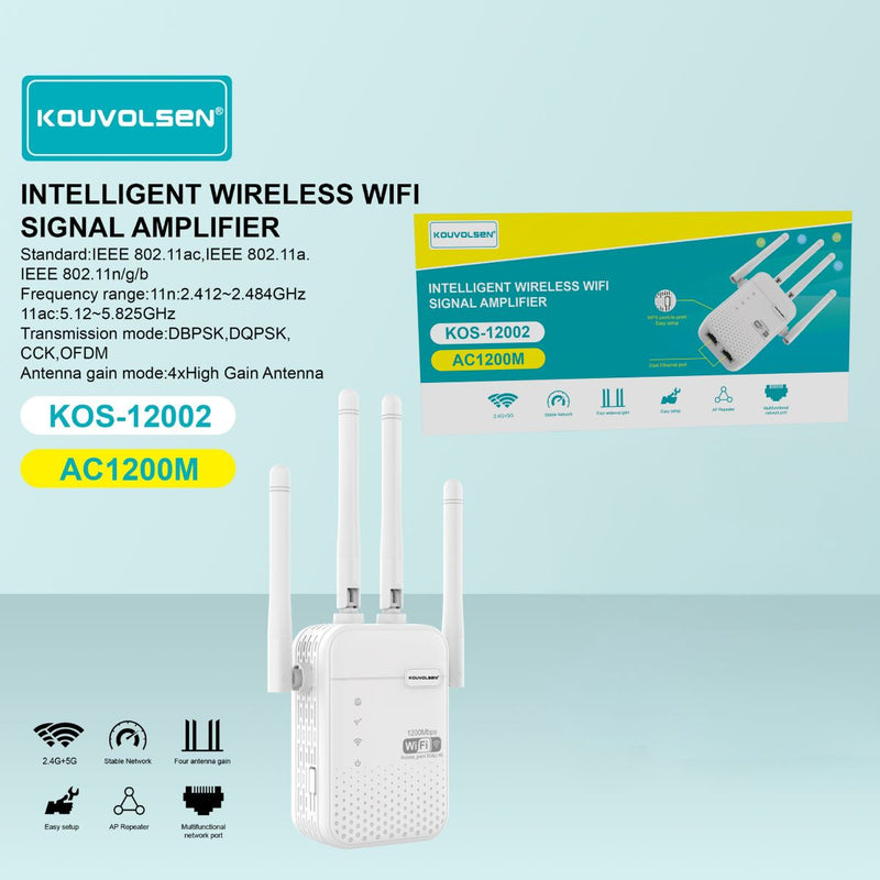 Amplificador de Señal WiFi AC1200 Doble Banda 2.4GHz y 5GHz. Repetidor Inalámbrico con 4 Antenas de Alta Ganancia. Extensor de Cobertura.
