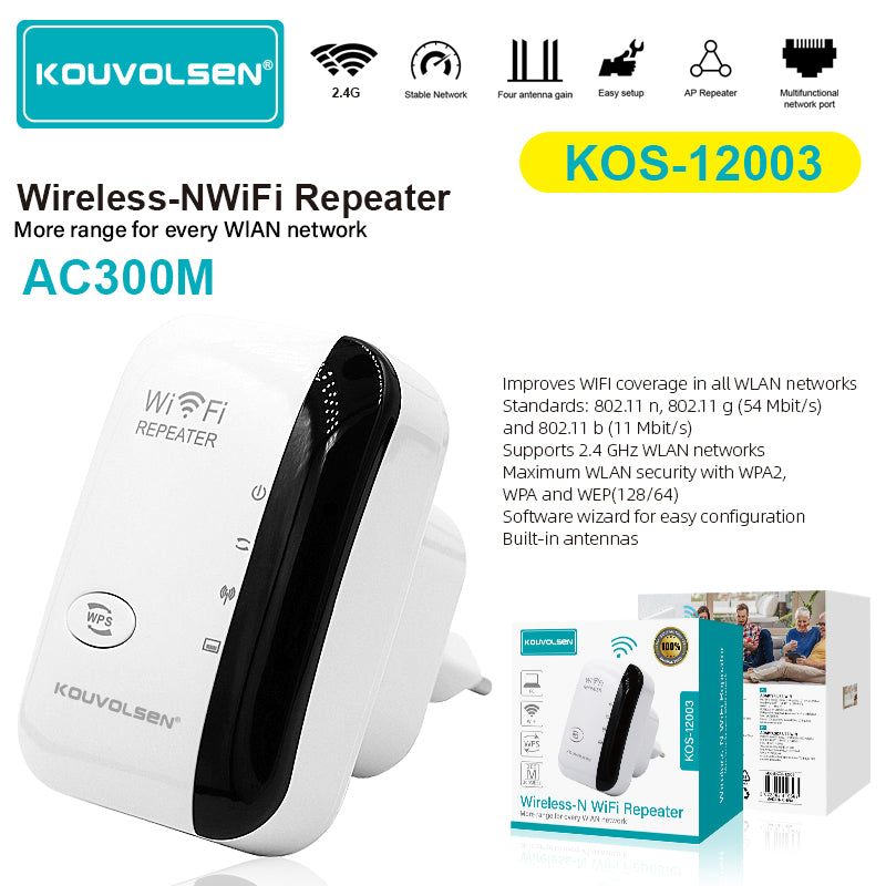 Repetidor WiFi Inalámbrico 300Mbps 2.4GHz. Amplificador de Señal Wireless-N con Botón WPS. Extensor de Cobertura 110V.