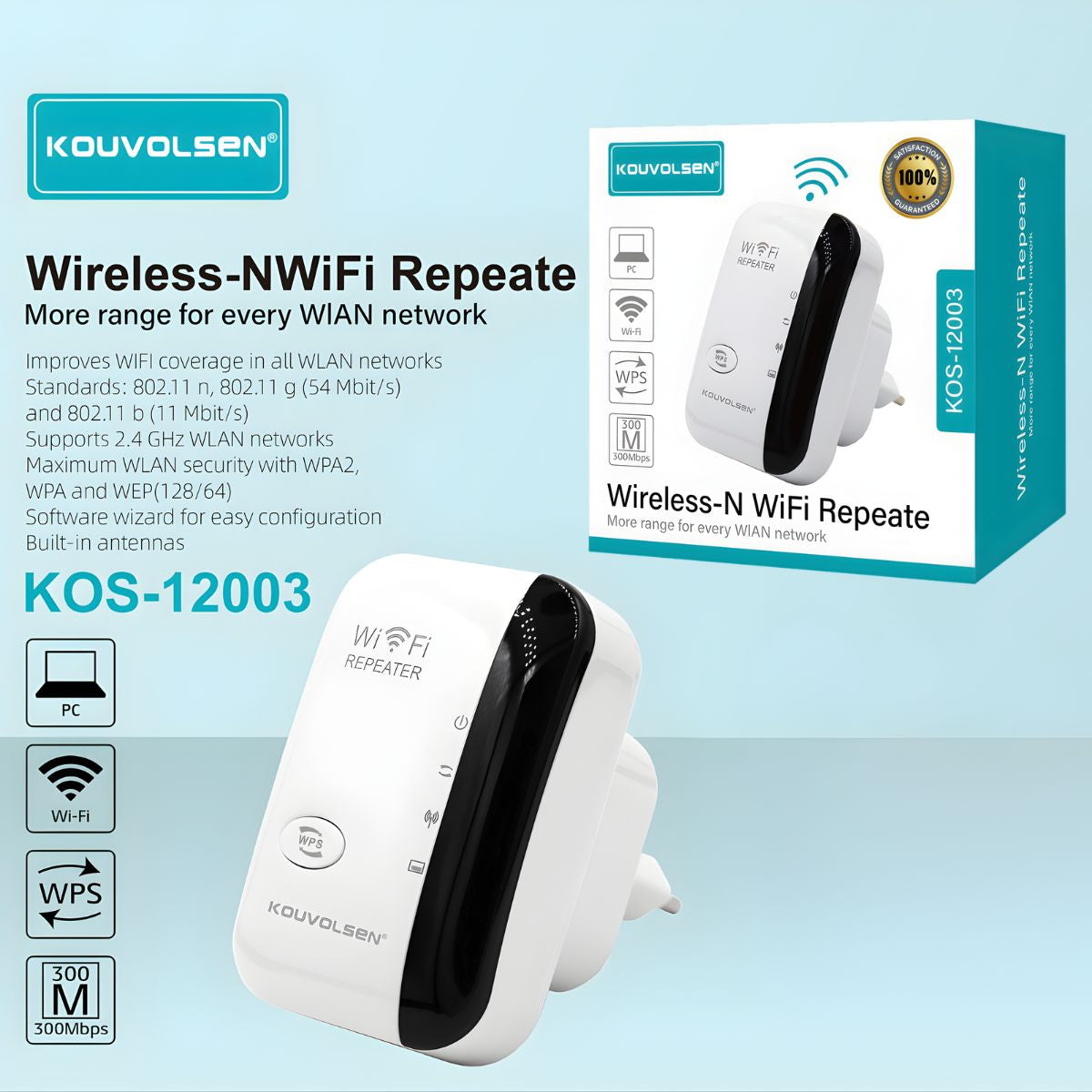 Repetidor WiFi Inalámbrico 300Mbps 2.4GHz. Amplificador de Señal Wireless-N con Botón WPS. Extensor de Cobertura 110V.