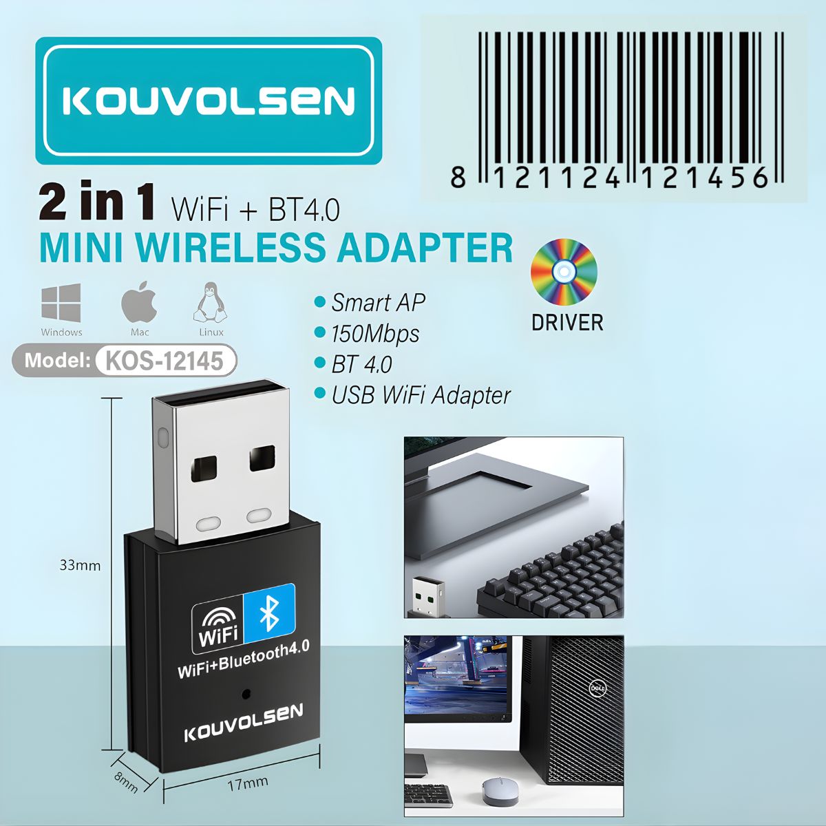 Adaptador USB WiFi + Bluetooth 2 En 1. Mini Receptor Inalámbrico 150 Mbps Con Bluetooth 4.0 Para PC Y Laptop.