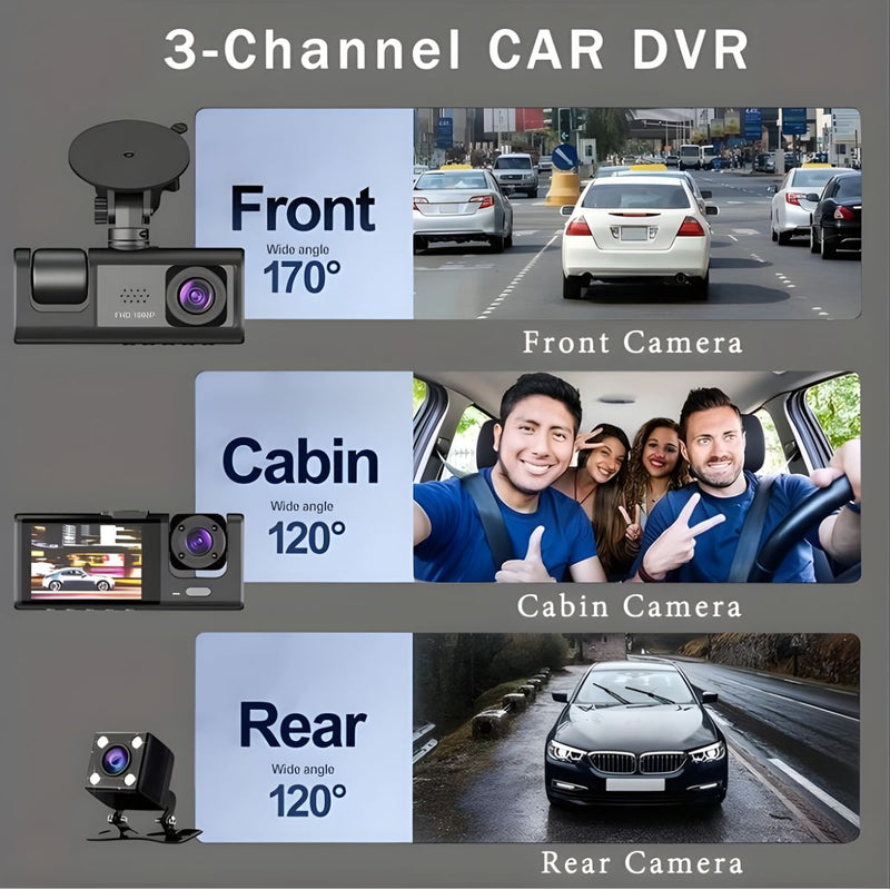 Dash Cam Cámara Para Autos 1080P FHD. Grabación Frontal, Cabina Y Trasera Con G-Sensor. Dashcam Con Asistencia De Estacionamiento Y Visión Amplia 170°.