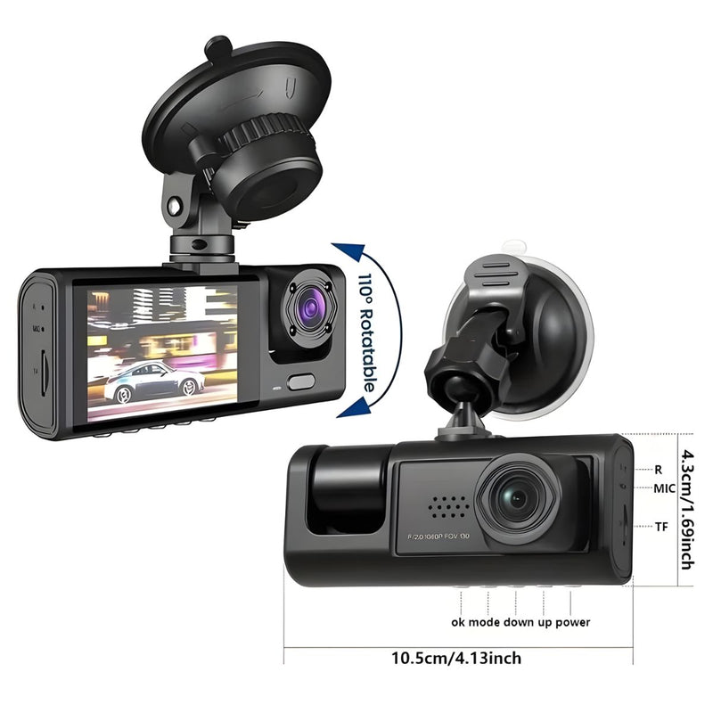 Dash Cam Cámara Para Autos 1080P FHD. Grabación Frontal, Cabina Y Trasera Con G-Sensor. Dashcam Con Asistencia De Estacionamiento Y Visión Amplia 170°.