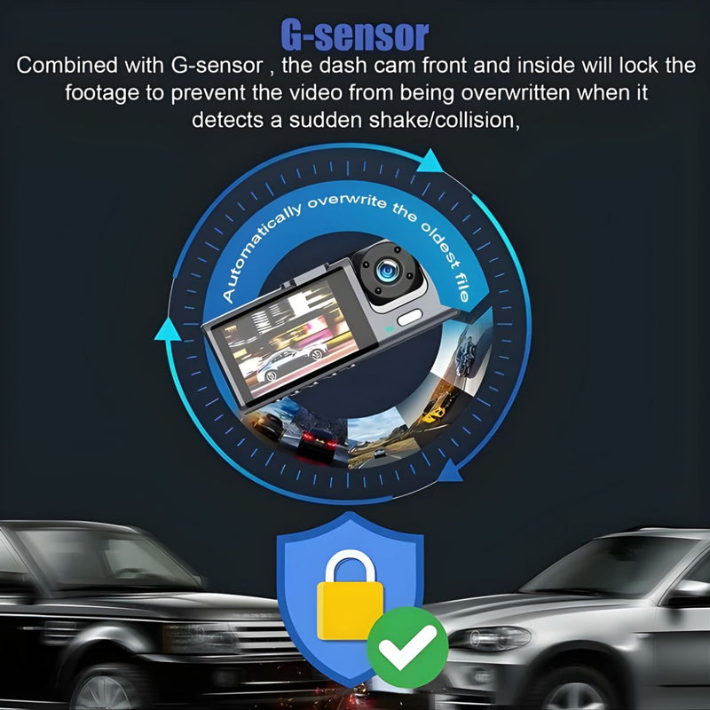 Dash Cam Cámara Para Autos 1080P FHD. Grabación Frontal, Cabina Y Trasera Con G-Sensor. Dashcam Con Asistencia De Estacionamiento Y Visión Amplia 170°.