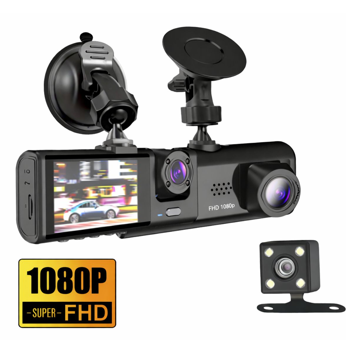 Dash Cam Cámara Para Autos 1080P FHD. Grabación Frontal, Cabina Y Trasera Con G-Sensor. Dashcam Con Asistencia De Estacionamiento Y Visión Amplia 170°.