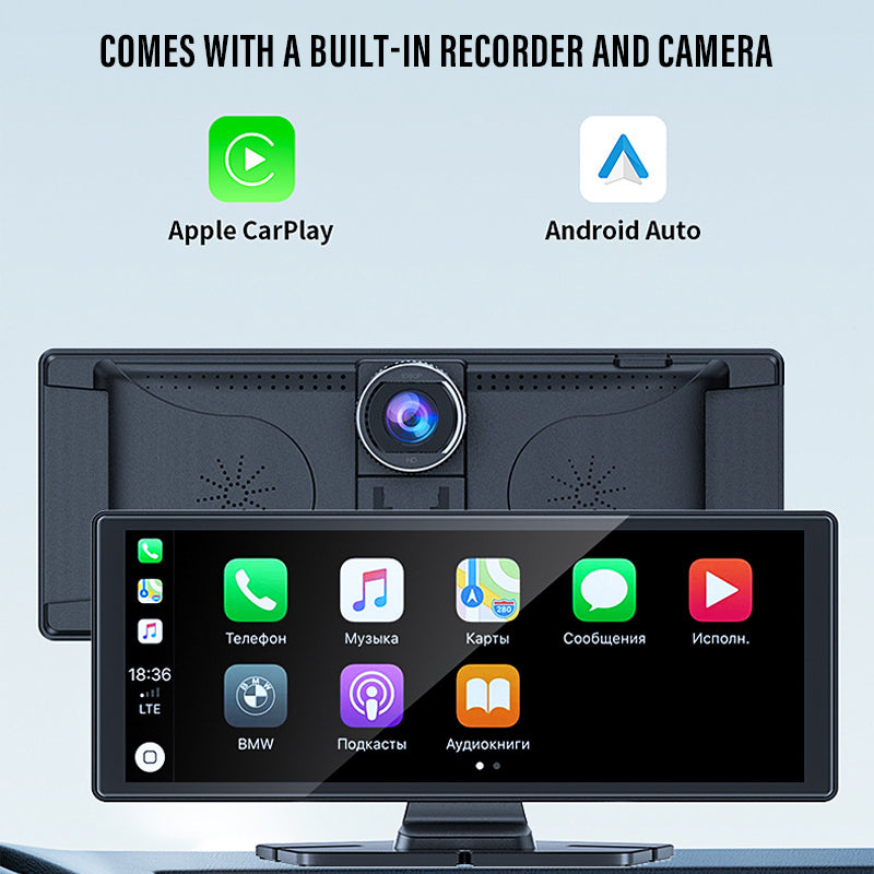 Pantalla Para Auto 9.25” Con Apple CarPlay Y Android Auto. Dash Cam 4K Dual Con WiFi Y Cámara Trasera. Grabación UHD Con Pantalla Táctil.