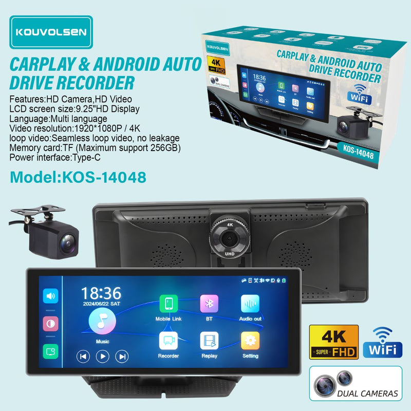 Pantalla Para Auto 9.25” Con Apple CarPlay Y Android Auto. Dash Cam 4K Dual Con WiFi Y Cámara Trasera. Grabación UHD Con Pantalla Táctil.