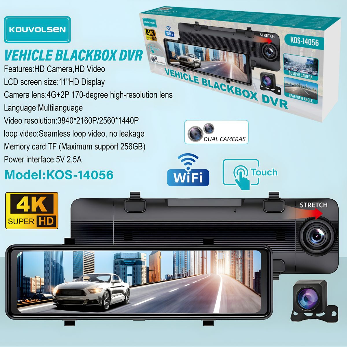 Espejo Retrovisor Dash Cam 11” 4K Con WiFi Y Cámara Trasera. Grabación Frontal Y Reversa Ultra HD. DVR Con Pantalla Táctil Y Gran Angular 170°.
