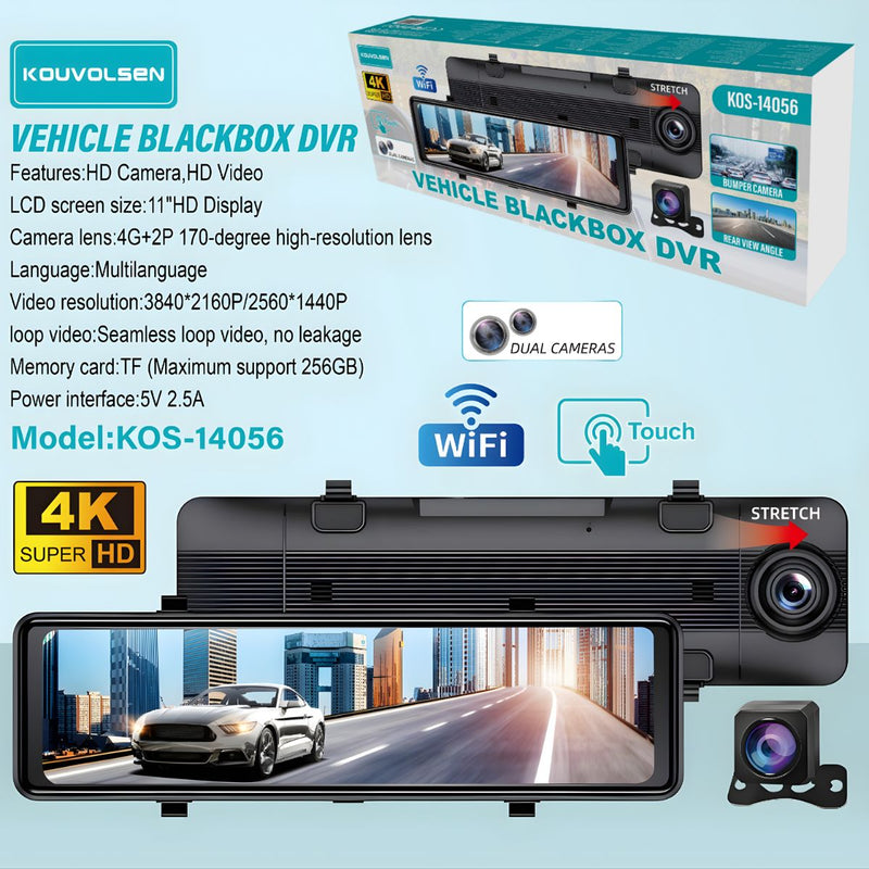 Espejo Retrovisor Dash Cam 11” 4K Con WiFi Y Cámara Trasera. Grabación Frontal Y Reversa Ultra HD. DVR Con Pantalla Táctil Y Gran Angular 170°.