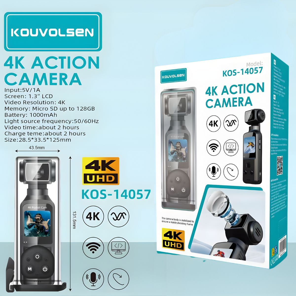 Cámara Deportiva 4K UHD Tipo GoPro. Cámara 4K con Pantalla LCD 1.3”, WiFi y Grabación en Alta Definición. Compatible con Micro SD.