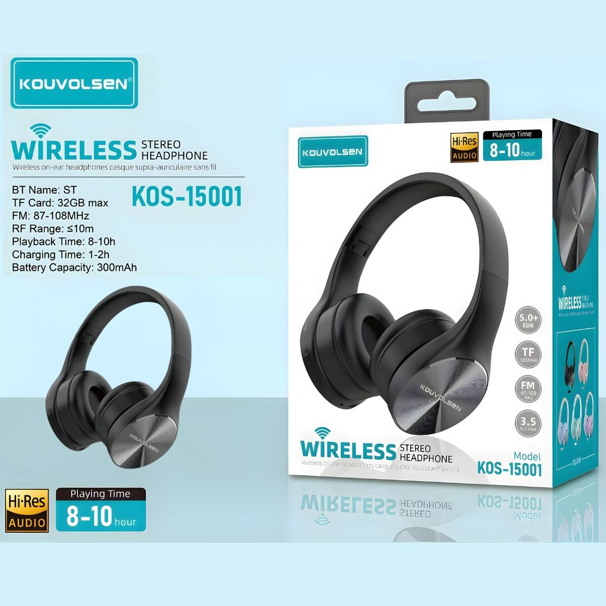 Audífonos Inalámbricos Bluetooth Hi-Res. Auriculares color negro. Cascos Estéreo con Micrófono y Batería 8-10 Horas.