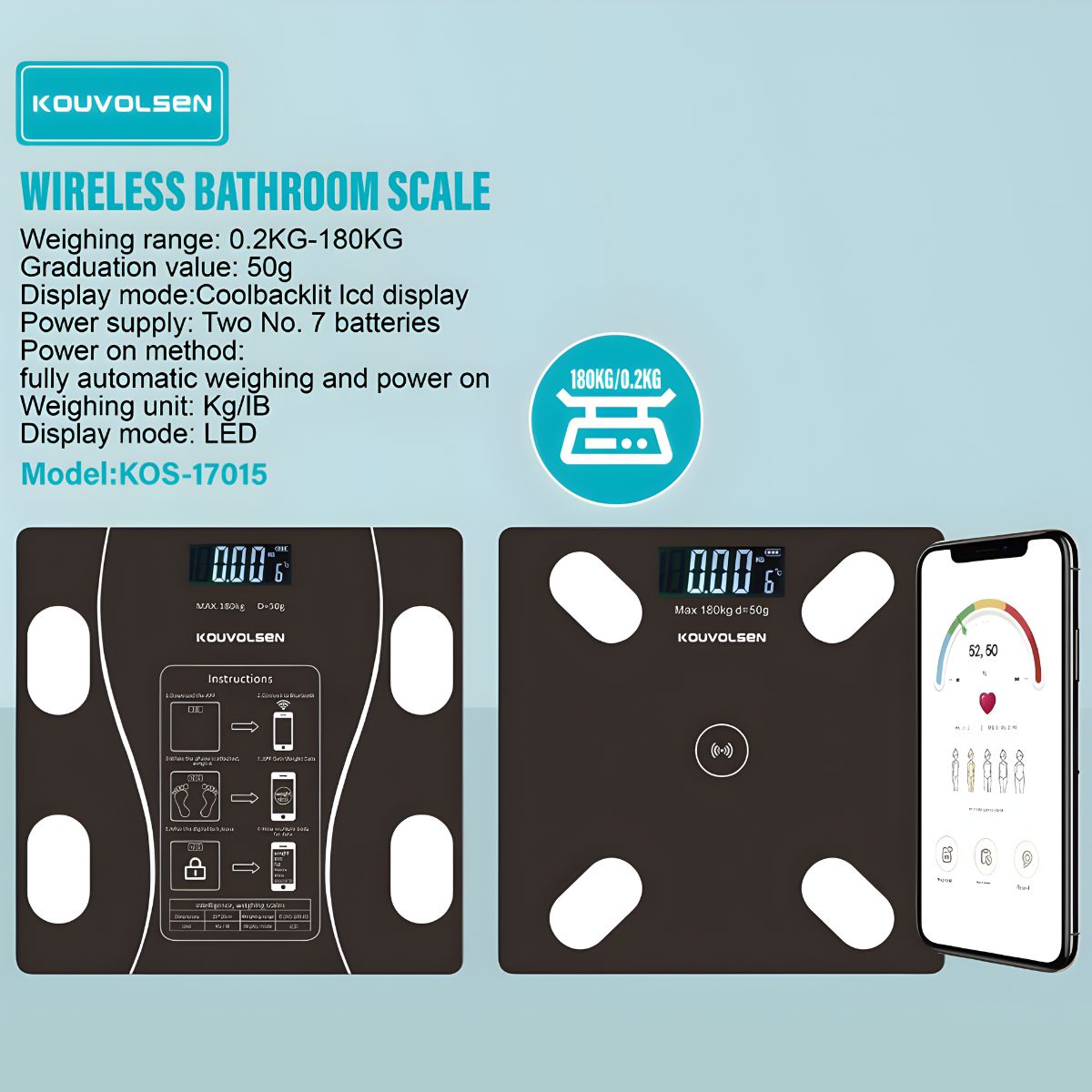 Báscula de Baño con App Móvil. Pesa Balanza Digital Inteligente con Bluetooth. Capacidad Hasta 180 kg. Pantalla LED y Encendido Automático.